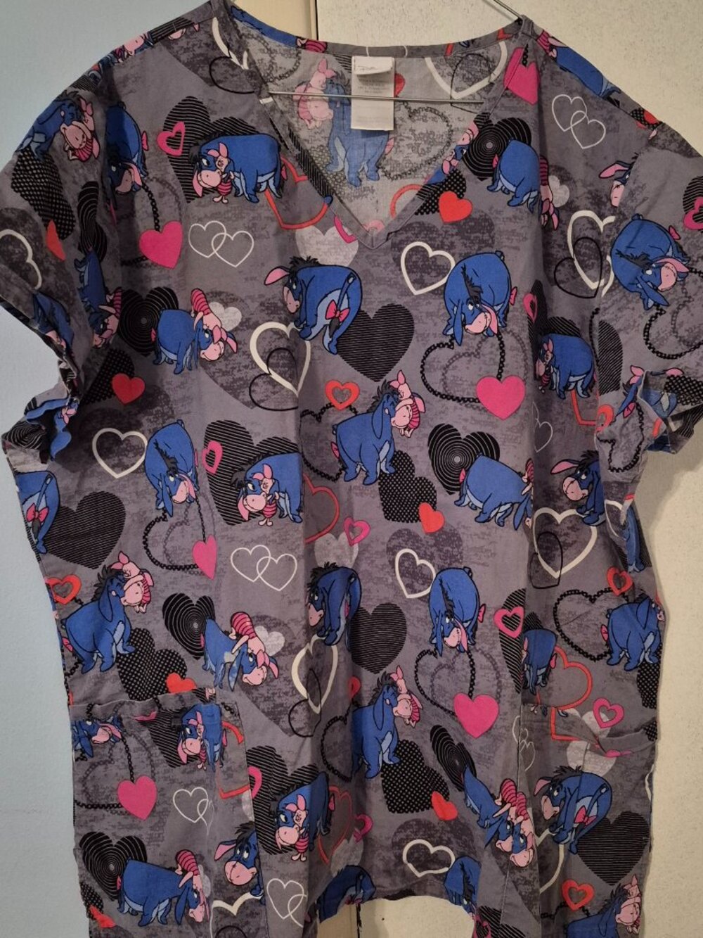 Disney Winnie the Pooh's Eeyore & Piglet Scrub Top Grey Blue Pink Size 2XL EUC